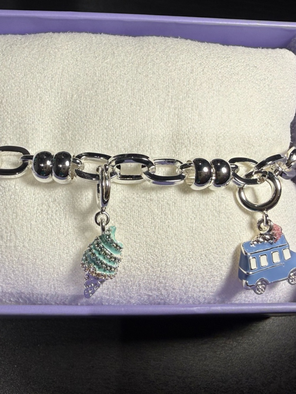 Sterling Silver Charm Bracelet with Blue Ice Cream & Bus Charms